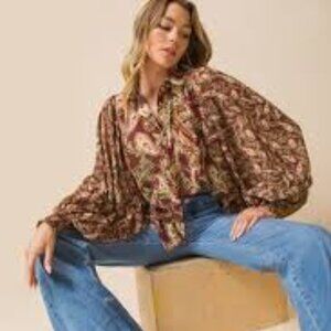 Flying Tomato Paisley Boho Button Down Semi-Sheer Blouse Women's Size Small
